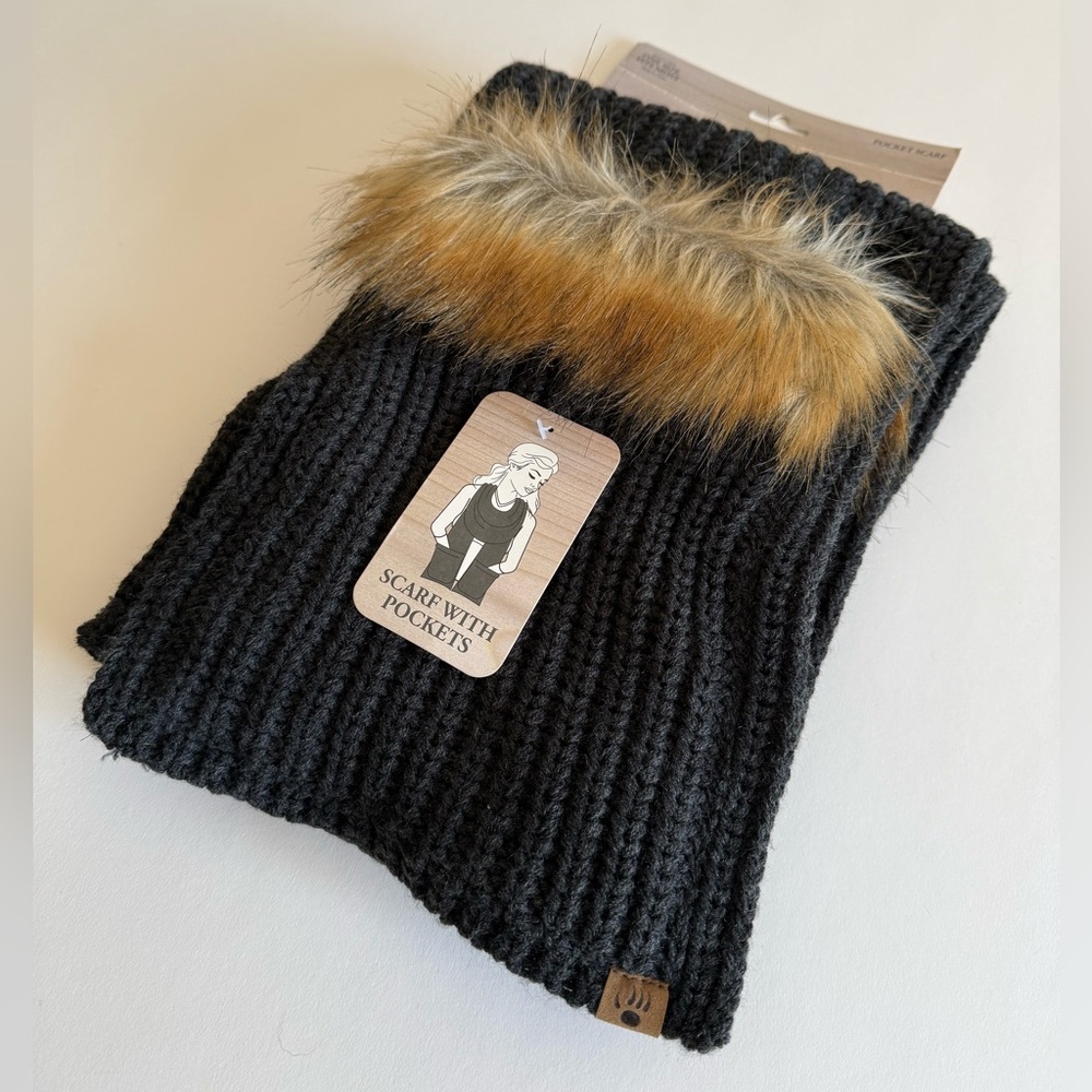 BearPaw Black Faux Fur Trim Scarf with Pockets